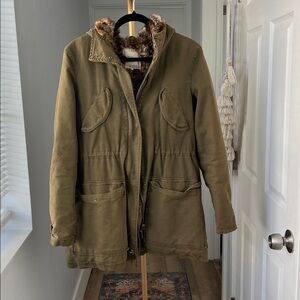 Zara Olive Green Faux Fur Lined Thick Warm Military Parka Size Small